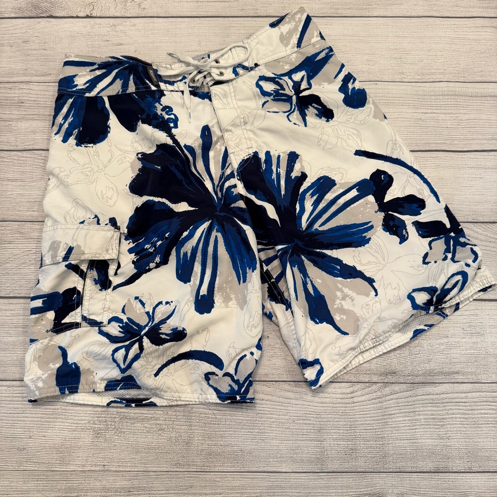 Kirra Blue and White Floral Men Swim Board Shorts